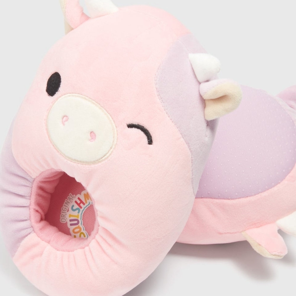Squishmallow Pink and Purple Plush Cow Slippers Kids Size 4/5, Fit Womens 6/7